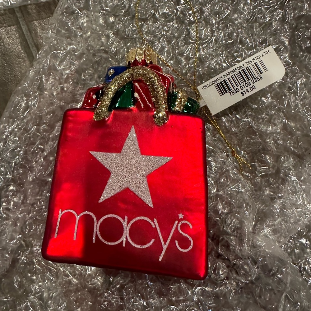 Macy's Red and Gold Gift Bag Ornament NWT